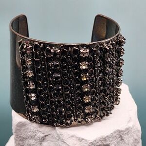 Black Rhinestone Chain Wide Cuff Bracelet Gunmetal Gothic Glam Statement Jewelry